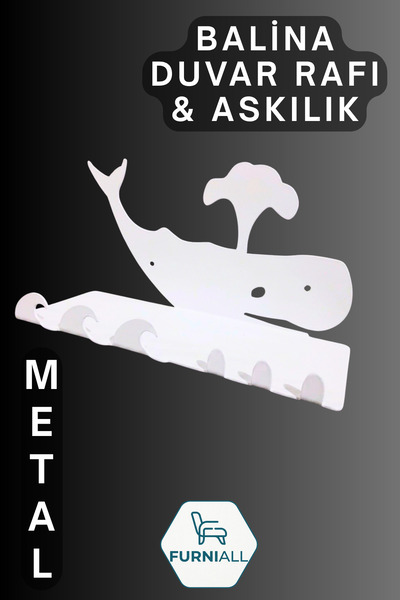 Balina Figürlü Çocuk Odası Metal Duvar Rafı ve Askılığı - Dekoratif Kreş Düzenleyici