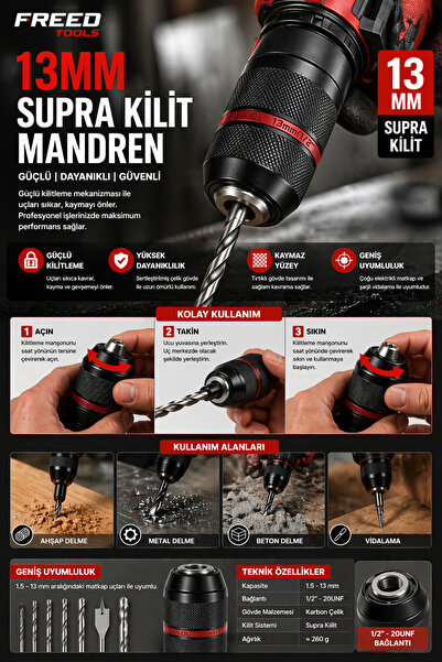 FREED TOOLS 13mm 1 Adet Supra Kilitli Metal Mandren Tüm Matkaplarda Kullanılır