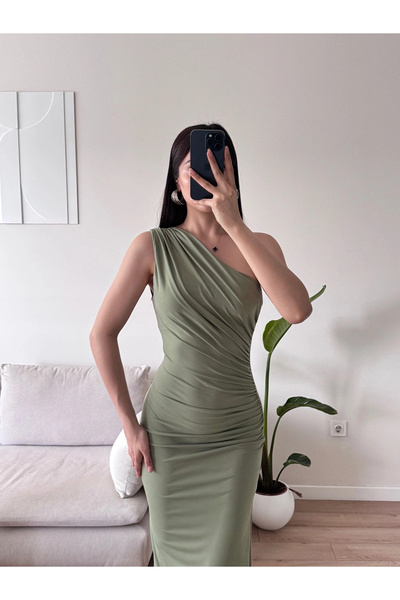 Zoom Butik Omuz Detay Drapeli Elbise - YEŞİL