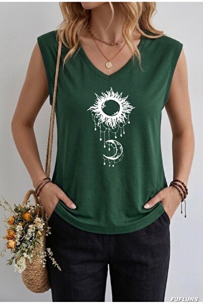 FUFLUNS Sun and Moon Printed Women's Oversize Sleeveless T-Shirt