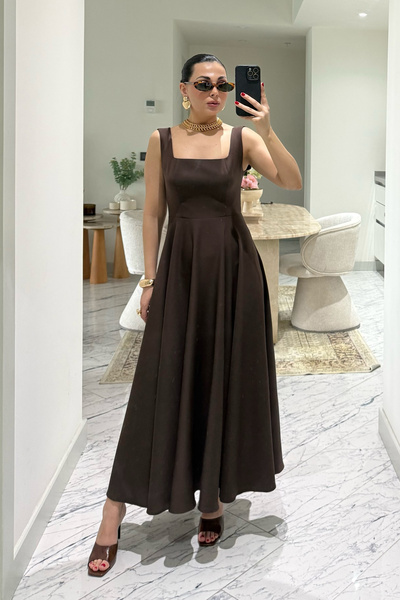 Seda Yalçın Atelier Kahve Kare Yaka Füsun Prenses Elbise