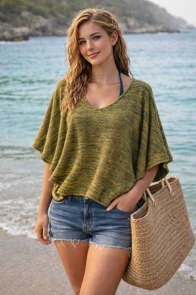 Boutique Juji BOHEM STİL OLİVE YEŞİL EFEKT MEVSİMLİK OVERSİZE SALAŞ KESİM BLUZ