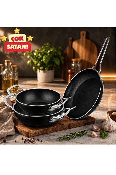 Lines 3 Parça Granit Tava Seti | 18-20 cm Sahan + 26 cm Tava Metal Kulplu, Ya...