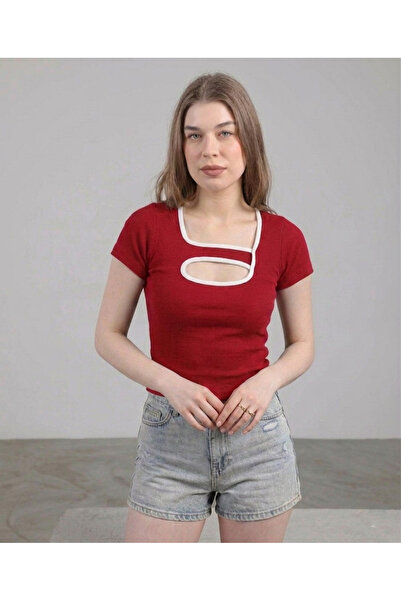 ZIFA New Season! Square Neck Ribbed Short Sleeve Blouse with Window Detail an...