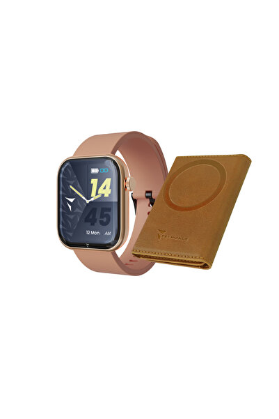 Techmade Λαμπερό ροζ χρυσό έξυπνο ρολόι με καφέ θήκη πορτοφόλι, AMOLED 1.75”