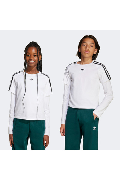 adidas تي شيرت أبيض للأطفال بأكمام طويلة
