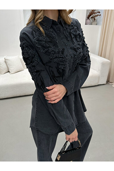 MİA NOURA Women's Denim Fabric Suit with Embroidered Front and Sleeves