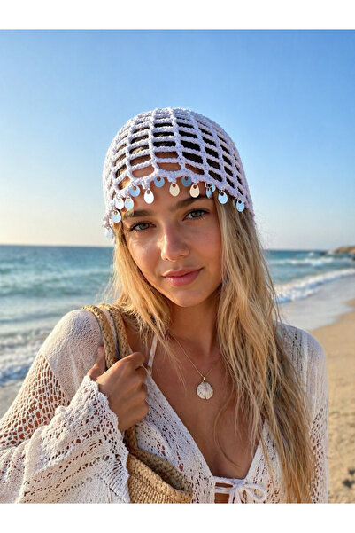 Emsay Store 100% Χειροποίητο Λευκό Πλεκτό Μποέμ Ασημί Διχτυωτό Καλοκαιρινό Μπ...