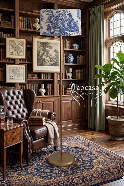 APCASADECOR Metal Eskitme GOLD Ayak Toile de Jouy Vintage Lambader Mavi Başlık