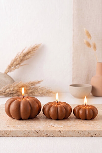 Pumpkin Dekoratif Mum 3’lü Set | Vanilya | Soya Wax + Balmumu | Kahverengi