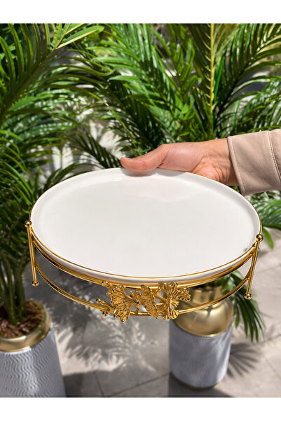 Roza Gold Ayaklı Dekoratif Sunumluk | Mermer Görünümlü Servis Tabağı | Şık Pa...