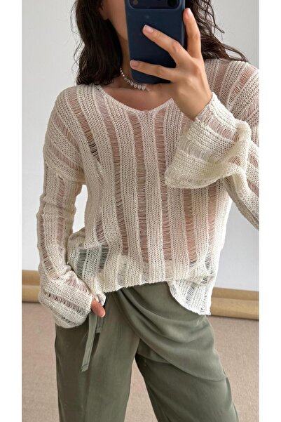 CADDELAMODA Γυναικείο πουλόβερ με διάτρητο σχέδιο Mercerized Premium