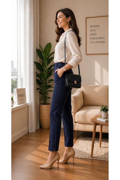 minella kids Minella Moda Women's Navy Blue Fabric Trousers with Elastic Waistband Office Chic