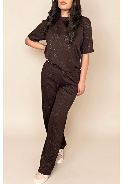 Derin Life Women's Brown Galaxy T-Shirt and Pants Set - Relaxed fit with Printed
