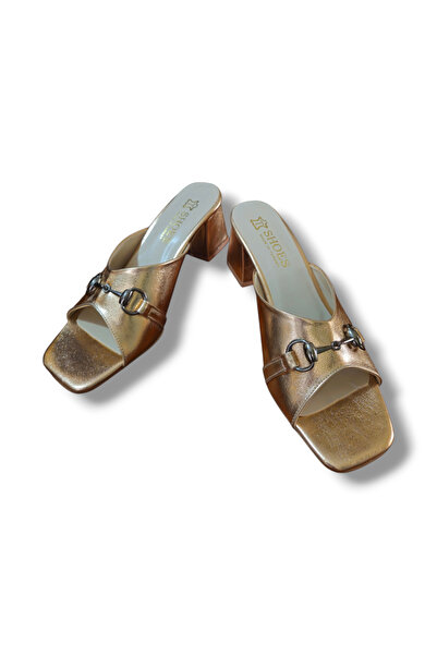 BARONES SHOES Women's Metallic Bronze Buckle Thick Heeled Slippers