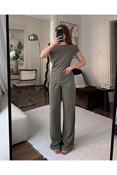 FERZOLAİO Asymmetrical Cut Linen Khaki Double Suit