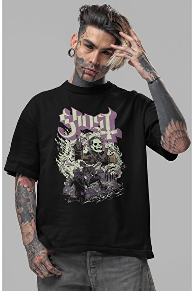 SEVBANO Tricou oversize unisex cu imprimeu frontal Ghost Rock Metal Music Band