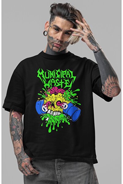 SEVBANO Tricou oversize unisex cu imprimeu frontal Municipal Waste Rock Metal...