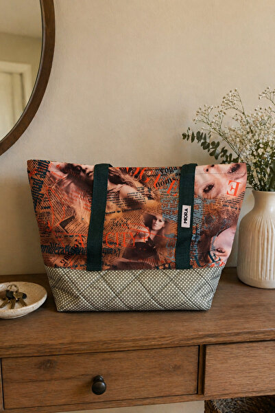 MIORA BAG Gazete Desenli Vintage Baskılı Büyük Boy Omuz Çantası-Seyahat ve Ya...