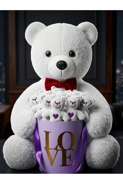 lenostra Special Premium Concept Gift Set for Mother and Lover: Giant White Teddy Bear 55cm and Purple Love Box Filled with Baby Bear Inside
