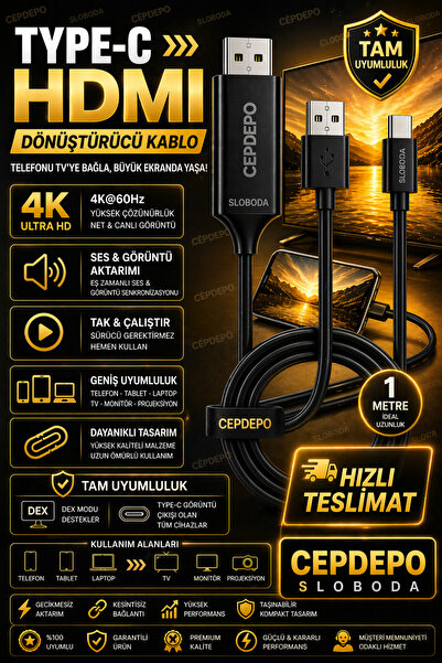 SLOBODA Type-C to HDMI 4K Kablo Telefon Ekran Yansıtma Aparatı