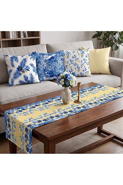 elissa home Mavi Sarı Limon Ve Çiçek Desenli 4’lü Kırlent Seti 43X43 Cm + Run...