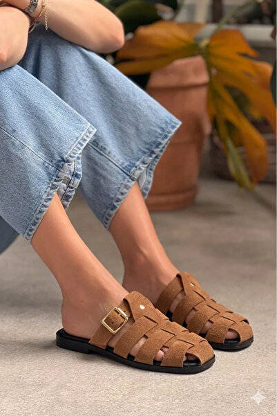 Cochines Γυναικείες παντόφλες Honey Rome Dark Mink με λεπτομέρεια από γνήσια ...