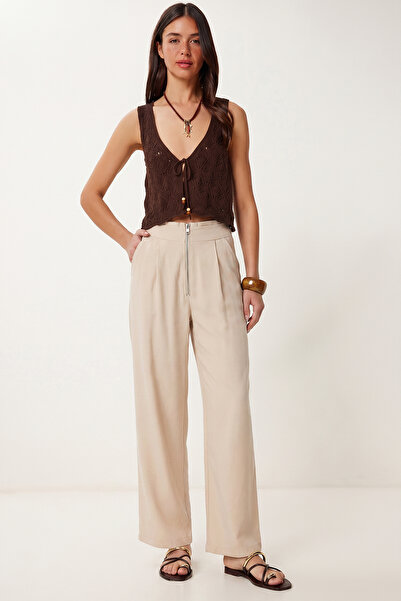 Lovelyİstanbul Παντελόνι Modal με λεπτομέρεια φερμουάρ και τσέπες LYY0143 ΚΡΕΜ