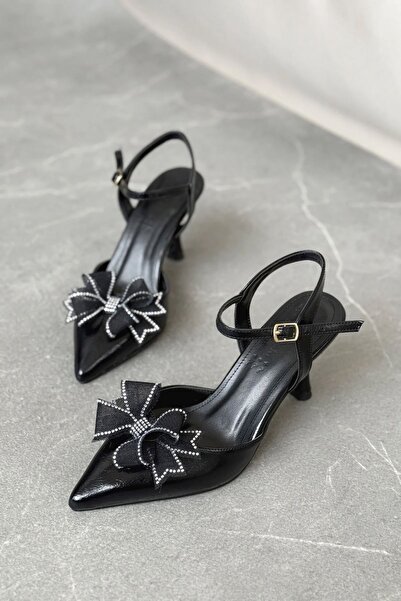 GOFFSHOES Γυναικεία παπούτσια Godes με λεπτό τακούνι και παπιγιόν - μαύρο-λου...