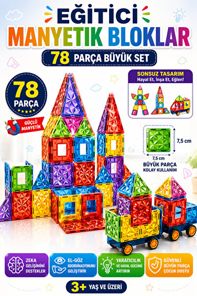 YILDIRIM OYUNCAK Eğitici Manyetik Yapı Blokları 78 Parça 7,5 cm – STEAM Zeka ...