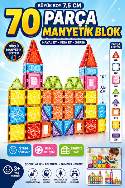 YILDIRIM OYUNCAK Educational Magnetic Building Blocks 70 Pieces 7.5 cm – Stea...
