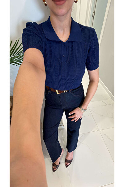 BİRCANÇİL Dlvin Hollda Ναυτικό Μπλε Πλεκτό με Γιακά Πόλο και Διάτρητο Σχέδιο