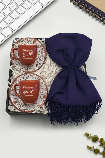 As Gift Öğretmenler Gününe Özel 2'Li Kiremit Renkli Fincan & Şal Hediye Seti