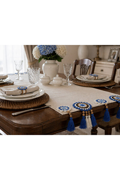 Sister Home Design Mavi Dantel Detaylı Runner | Buldan Pamuk El Yapımı Püskül...