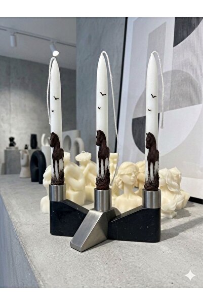 SCA CANDLE Dekoratif Mum Şamdanlık Mum At Desenli ( Kahve Renk ) 3 Lü ürün Şa...