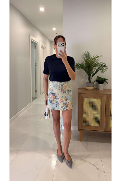 BİRCANÇİL Φούστα Finex μπλε εκρού με φλοράλ σχέδιο