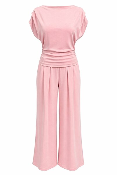 Mixray 2093 Γυναικεία μπλούζα με φαρδιά παντελόνα σε ροζ χρώμα