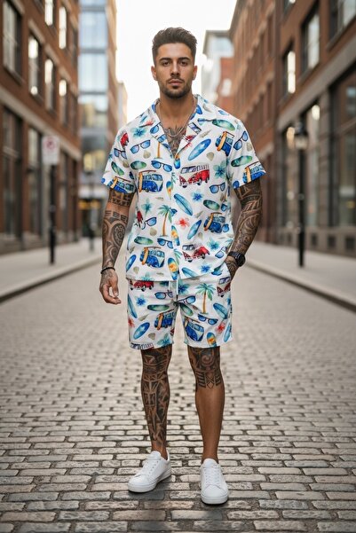 dehaine Ανδρικό καλοκαιρινό σετ, πουκάμισο + σορτς, ανδρική φόρμα 1451