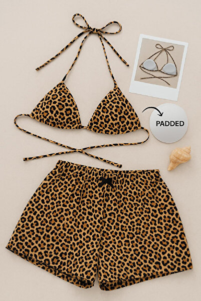 Marsilyan Women's Leopard Patterned Shorts and Tie-Waist and Neck Bikini Set ...