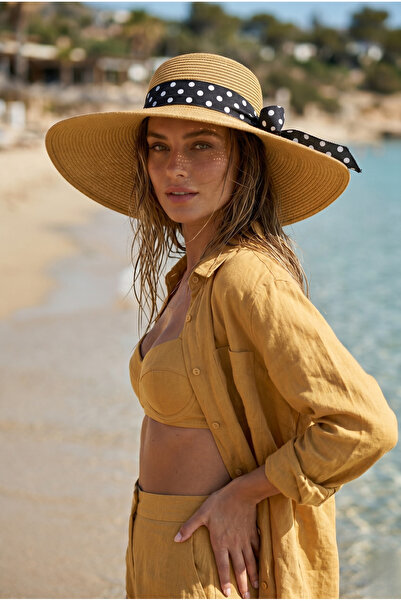 Luminos Butik Ψάθινο καπέλο καμήλας με φιόγκο πουά HSR2136