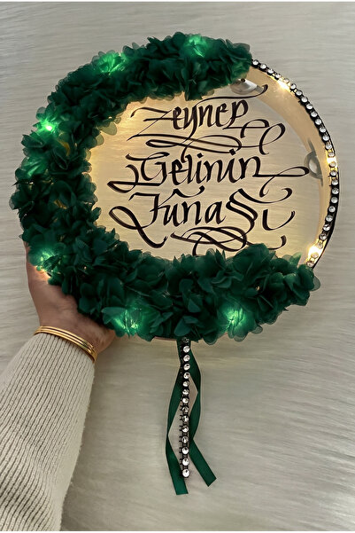 ZEYMERADE Zümrüt Yeşili Ledli Gelin Tefi 32cm, Üç Boyutlu Çiçek Ve Parlak Taş...