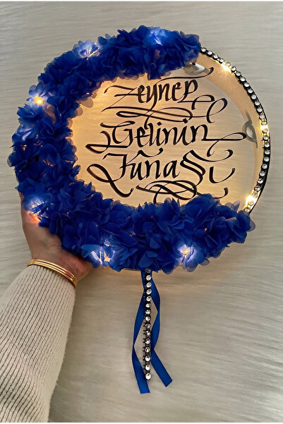ZEYMERADE Saks Mavi Ledli Gelin Tefi 32cm, Üç Boyutlu Çiçek Ve Parlak Taş Süs...