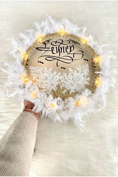 ZEYMERADE Beyaz Ledli Gelin Tefi 32cm, Lüx Aplik Çiçekli Tüylü Ve Parlak Taş ...