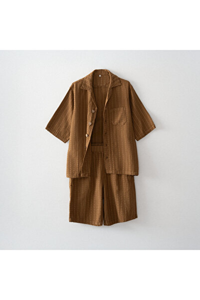 Ecocotton Ανδρικό σετ πιτζάμες με σορτς Zeyna, 100% οργανικό βαμβάκι, καφέ μο...