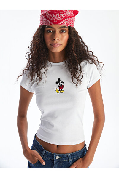 LC Waikiki Tricou de damă cu guler rotund și broderie Mickey Mouse