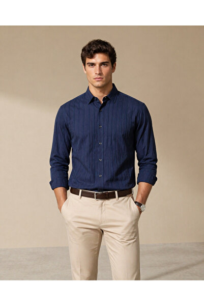 Polo State Men's Navy Blue Textured Striped Regular Fit Shirt