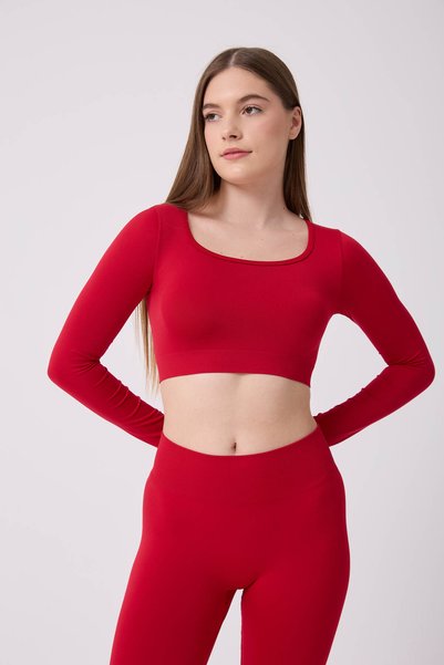 FOREVER MORE Kadın Dikişsiz Seamless Kare Yaka Uzun Kollu Crop Top