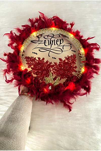 ZEYMERADE Bordo Ledli Gelin Tefi 32cm, Lüx Aplik Çiçekli Tüylü Ve Parlak Taş ...