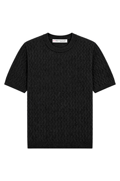 Mixray 2090 Women's Jacquard Textured Short Sleeve Knitwear Blouse Black