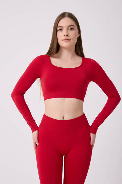 FOREVER MORE Kadın Dikişsiz Seamless Kare Yaka Uzun Kollu Crop Top